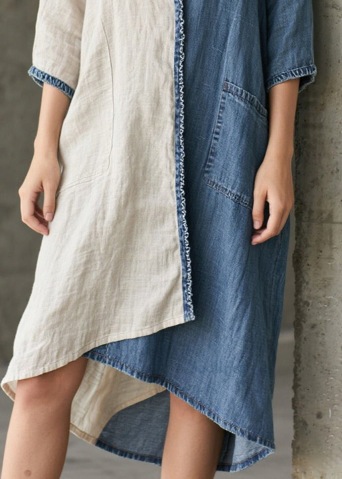 Denimblaue Patchwork-Baumwoll-Urlaubskleider, asymmetrisch, Sommer