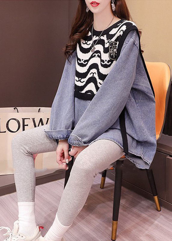 Denim Blau Patchwork Strick Denim Shirts Übergroßen Druck Frühling