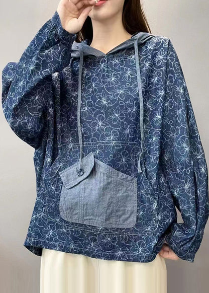 Denim Blue Patchwork Pullover Sweatshirt Hooded Fall