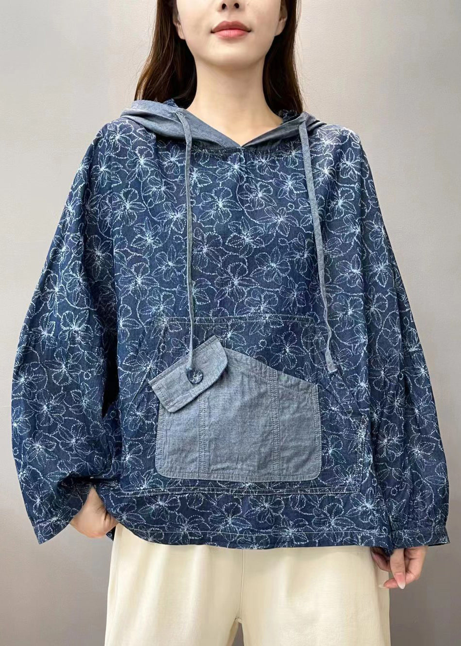 Denim Blue Patchwork Pullover Sweatshirt Hooded Fall