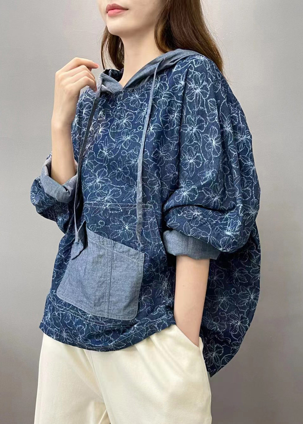Denim Blue Patchwork Pullover Sweatshirt Hooded Fall