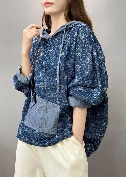 Denim Blue Patchwork Pullover Sweatshirt Hooded Fall