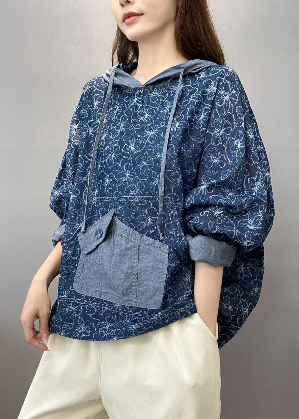 Denim Blue Patchwork Pullover Sweatshirt Hooded Fall