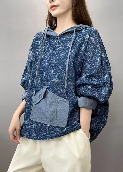 Denim Blue Patchwork Pullover Sweatshirt Hooded Fall