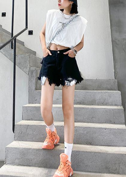 Denim black shorts women's thin section large size hole high waist pants - SooLinen