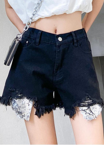 Denim black shorts women's thin section large size hole high waist pants - SooLinen