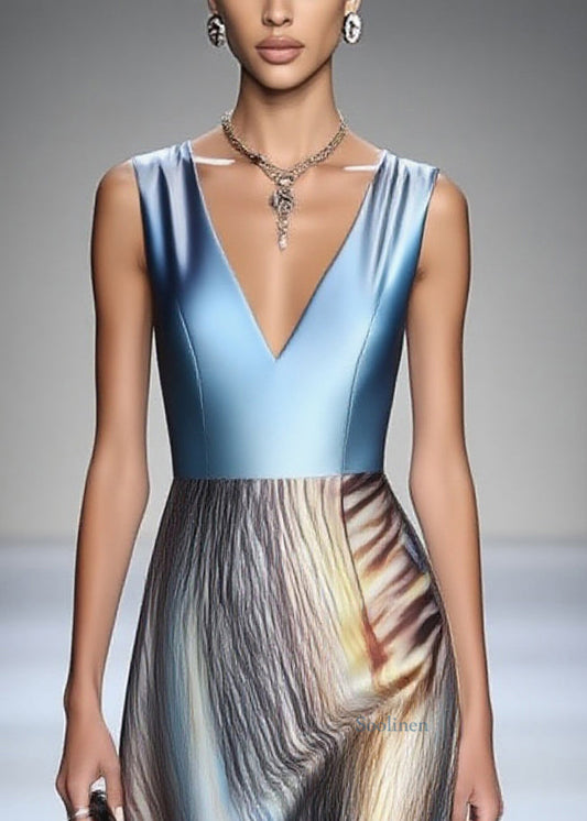 Dinner Blue Print Patchwork Silk Long Dress Sleeveless