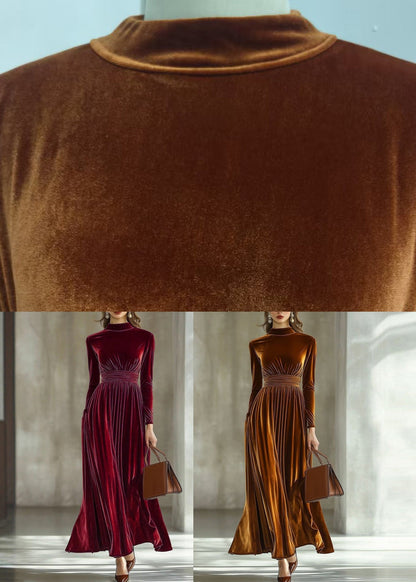 Dinner Caramel Stand Collar Patchwork Silk Velvet Long Dress Fall