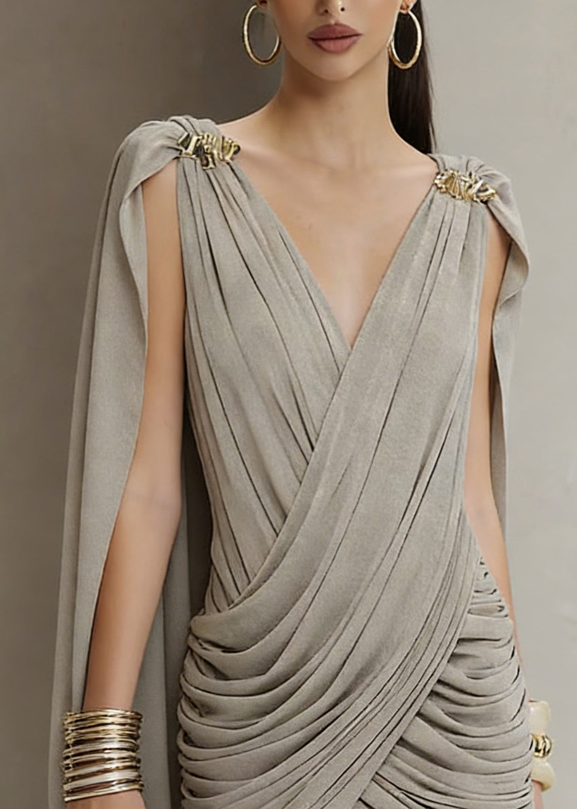 Dinner Grey V Neck Wrinkled Solid Mid Dress Spring