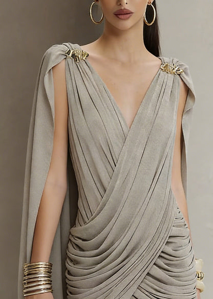 Dinner Grey V Neck Wrinkled Solid Mid Dress Spring
