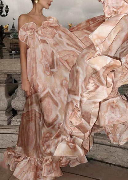 Rosa Maxikleid mit V-Ausschnitt, Rüschen und Patchwork-Muster, Sommer