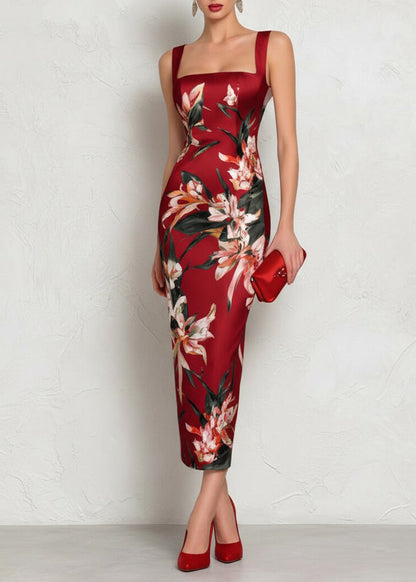 Dinner Pink Square Collar Print Long Dresses Summer