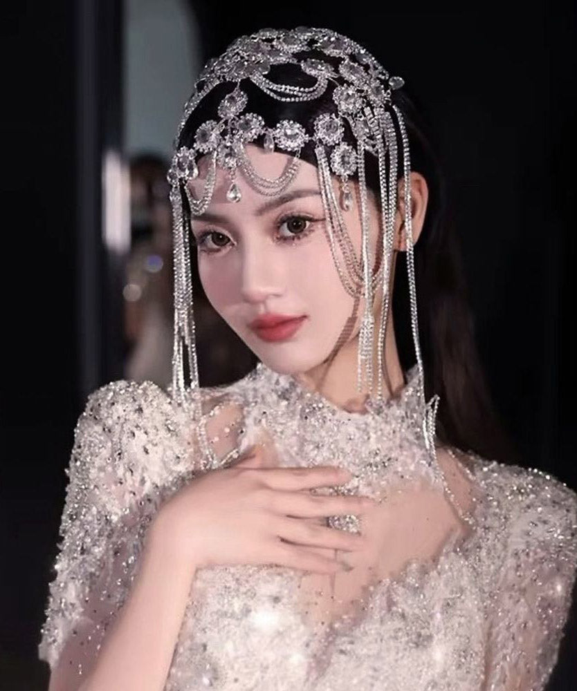 Dinner White Crystal Zircon Hollow Out Tassel HairPiece