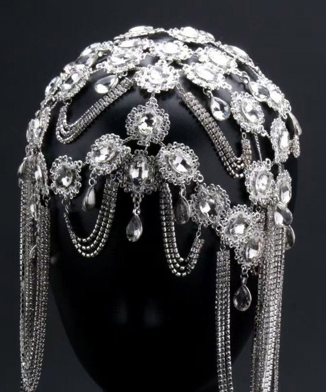 Dinner White Crystal Zircon Hollow Out Tassel HairPiece