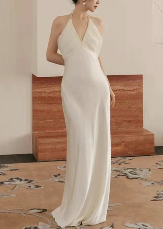 Abendessen Weiß V-Ausschnitt Tüll Patchwork Maxi Kleider Ärmellos