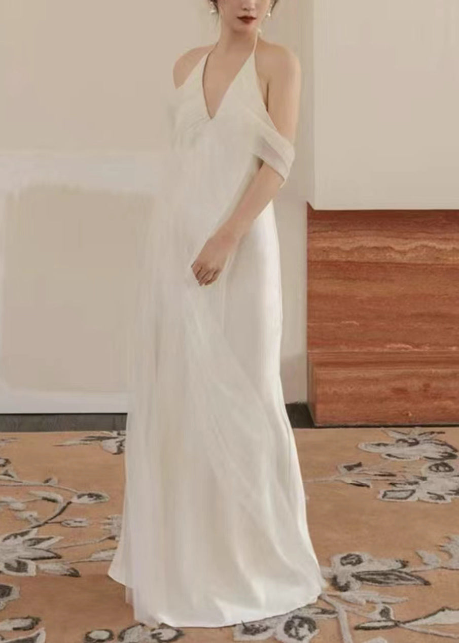 Abendessen Weiß V-Ausschnitt Tüll Patchwork Maxi Kleider Ärmellos