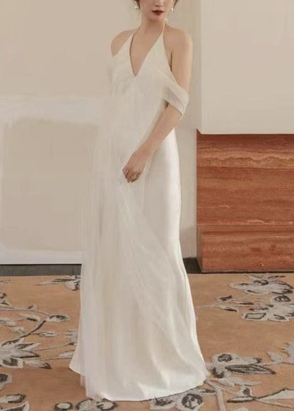 Abendessen Weiß V-Ausschnitt Tüll Patchwork Maxi Kleider Ärmellos
