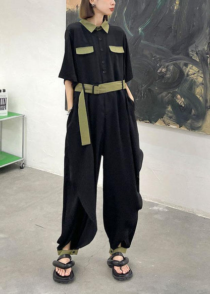 Diy Black Patchwork Button  Outfits Rompers Summer - SooLinen