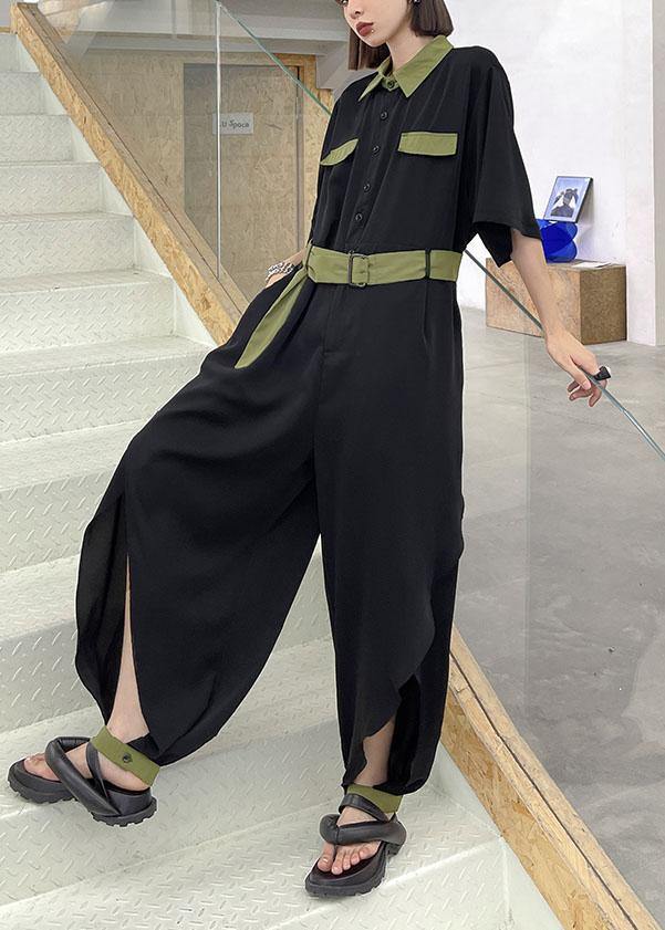 Diy Black Patchwork Button  Outfits Rompers Summer - SooLinen