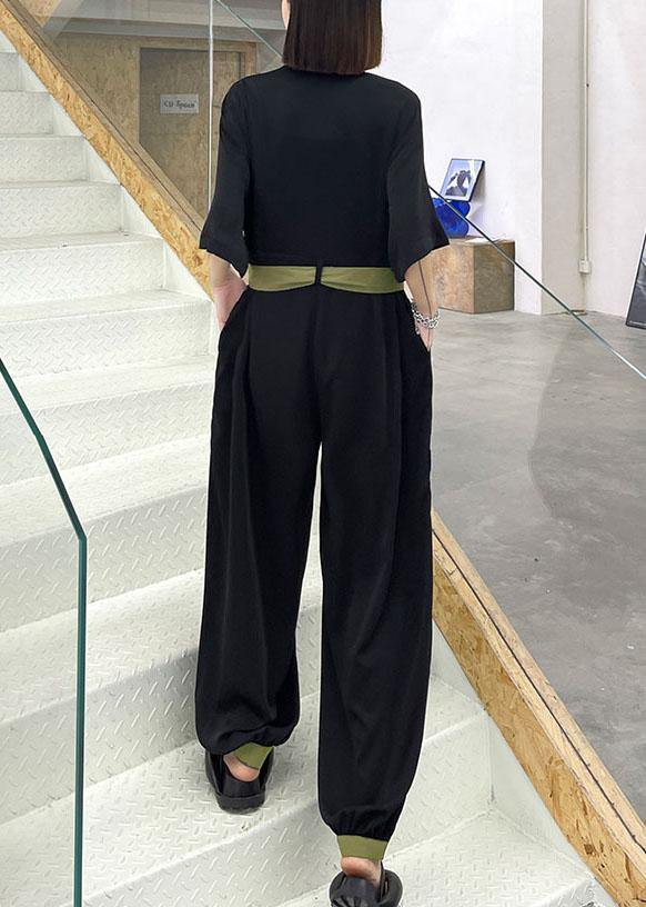 Diy Black Patchwork Button  Outfits Rompers Summer - SooLinen