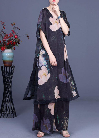 Diy Black Print Silk Side Open Wide Leg Two Pieces Set - SooLinen