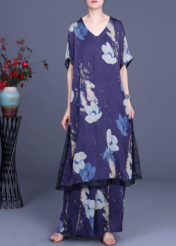 Diy Black Print Silk Side Open Wide Leg Two Pieces Set - SooLinen