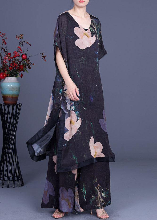 Diy Black Print Silk Side Open Wide Leg Two Pieces Set - SooLinen