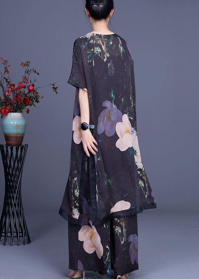 Diy Black Print Silk Side Open Wide Leg Two Pieces Set - SooLinen