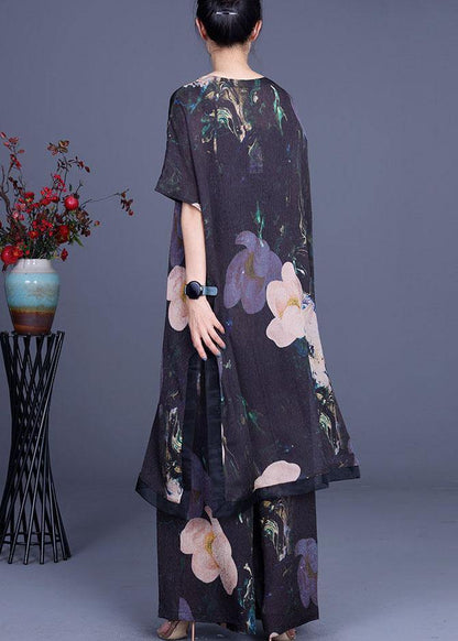 Diy Black Print Silk Side Open Wide Leg Two Pieces Set - SooLinen