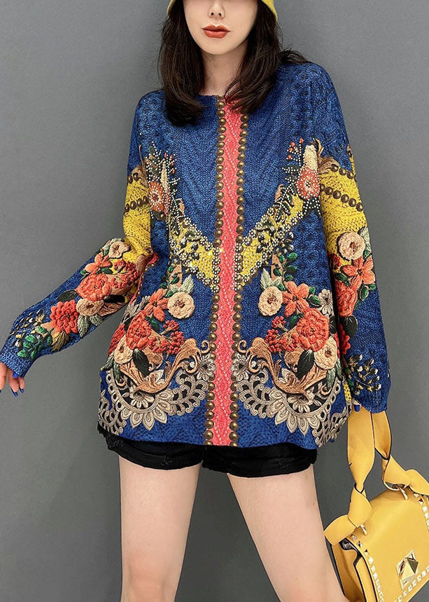 Diy Blau O-Ausschnitt Print Strickpullover Tops Winter