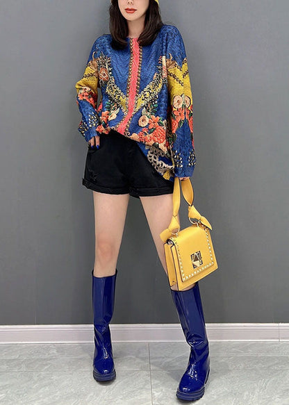 Diy Blau O-Ausschnitt Print Strickpullover Tops Winter