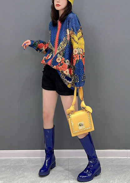 Diy Blau O-Ausschnitt Print Strickpullover Tops Winter