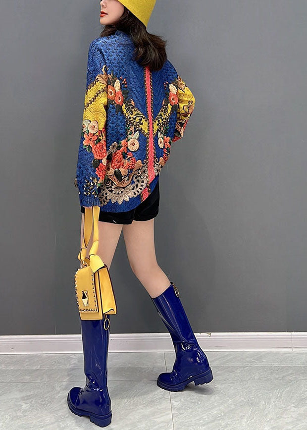 Diy Blau O-Ausschnitt Print Strickpullover Tops Winter