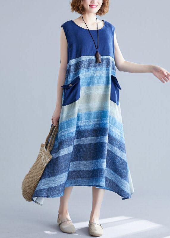 Diy Blue Patchwork Striped O-Neck Summer Cotton Dress - SooLinen