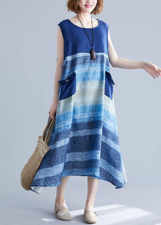 Diy Blue Patchwork Striped O-Neck Summer Cotton Dress - SooLinen