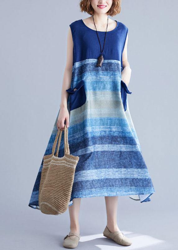 Diy Blue Patchwork Striped O-Neck Summer Cotton Dress - SooLinen