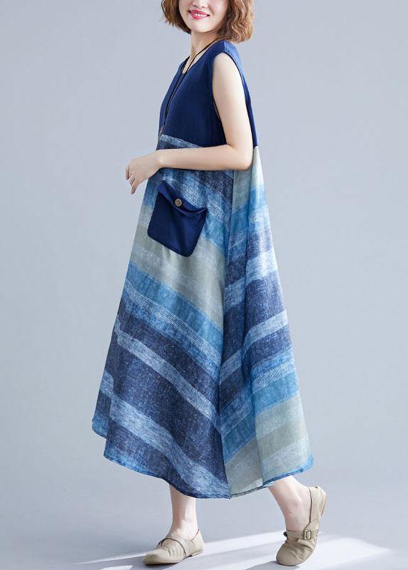 Diy Blue Patchwork Striped O-Neck Summer Cotton Dress - SooLinen
