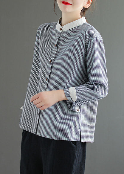 Diy Blau Plaid Stehkragen Patchwork Baumwolle Hemd Top Frühling