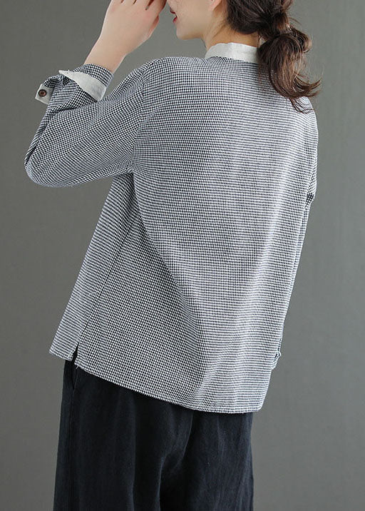 Diy Blau Plaid Stehkragen Patchwork Baumwolle Hemd Top Frühling