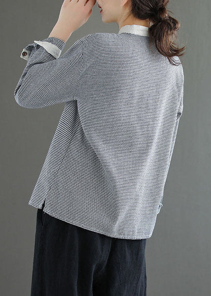 Diy Blau Plaid Stehkragen Patchwork Baumwolle Hemd Top Frühling