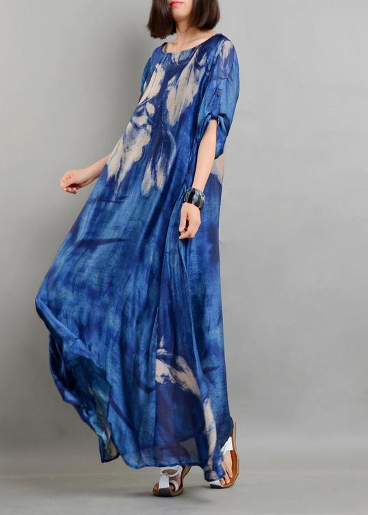 Blue Print Half Sleeve Two Pieces Set Summer Chiffon Dress - SooLinen