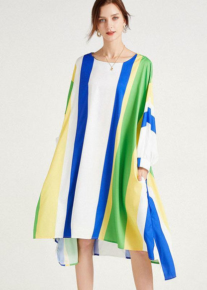 Diy Blue Striped Loose Bat Wing Sleeve Striped Summer Long Sleeve Dress - SooLinen