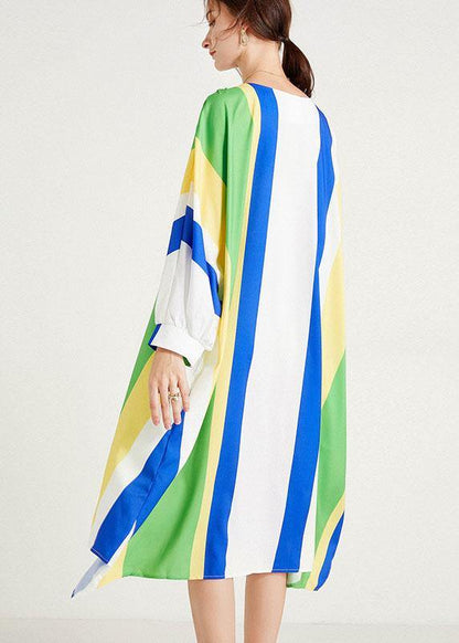Diy Blue Striped Loose Bat Wing Sleeve Striped Summer Long Sleeve Dress - SooLinen