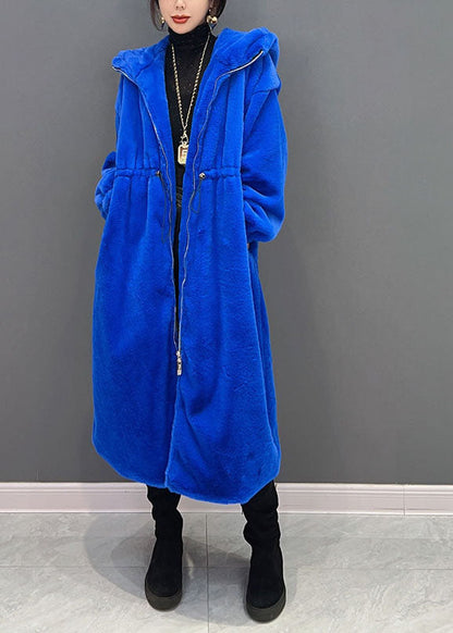 Diy Blau mit Reißverschluss Kapuze Kordelzug Fuzzy Fur Flauschige lange Mäntel Winter
