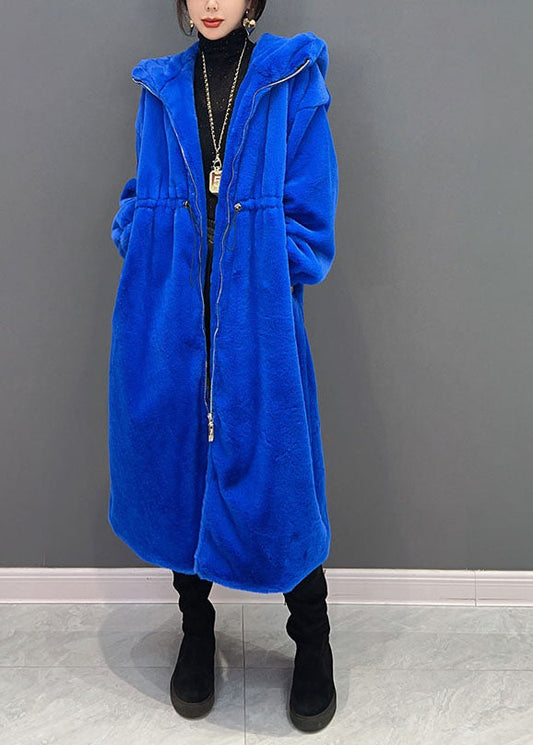 Diy Blau mit Reißverschluss Kapuze Kordelzug Fuzzy Fur Flauschige lange Mäntel Winter