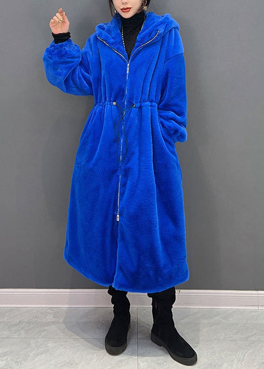 Diy Blau mit Reißverschluss Kapuze Kordelzug Fuzzy Fur Flauschige lange Mäntel Winter