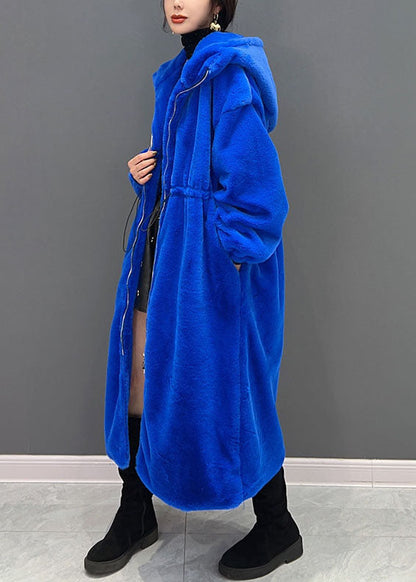 Diy Blau mit Reißverschluss Kapuze Kordelzug Fuzzy Fur Flauschige lange Mäntel Winter