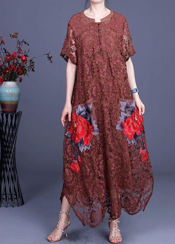 Diy Chocolate Embroideried Pockets Lace Button Summer Dresses - SooLinen