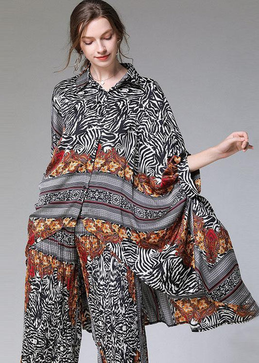 Diy Color Block Zebra Pattern Asymmetrical Design Print Spring Chiffon Two-Piece Set Half Sleeve - SooLinen