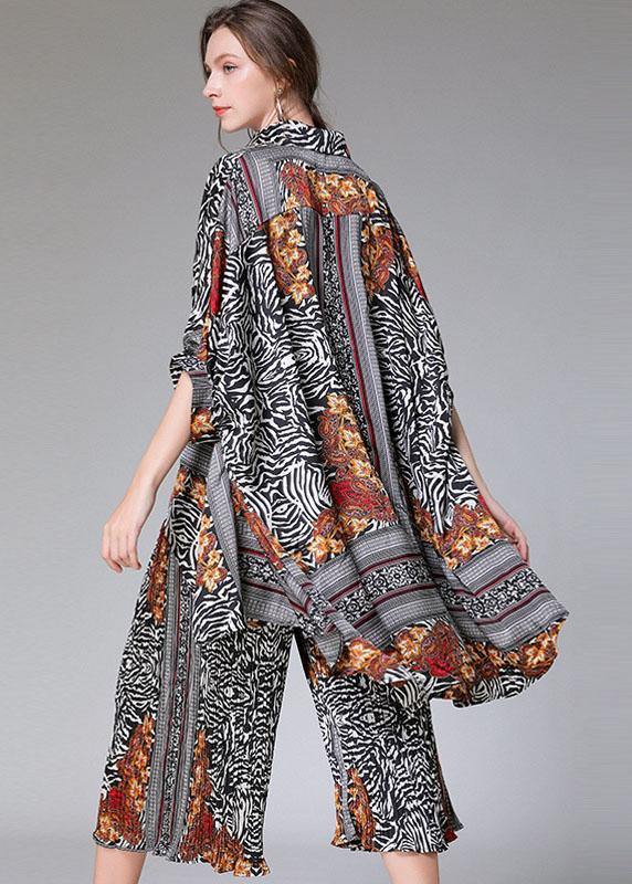 Diy Color Block Zebra Pattern Asymmetrical Design Print Spring Chiffon Two-Piece Set Half Sleeve - SooLinen